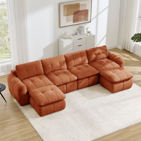 Canapé 4 places modulable en U, en chenille sans cadre, avec 2 ottomanes, assise large capitonnée, mousse haute densité 32D, Orange, 334 x 160 x 68 cm, sans montage, pour salon et appartement