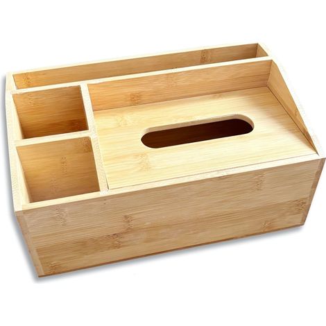 Caja multifuncional de bambú natural con 4 compartimentos: organizador de escritorio para material de oficina, condimentos y pañuelos de papel. (1/5)