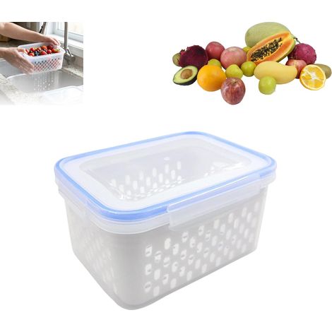 Contenedor de almacenamiento de alimentos 4 en 1, contenedor de almacenamiento de frutas para refrigerador, contenedor de almacenamiento de productos con tapa y colador (incluye cesta de drenaje), gra (1/3)
