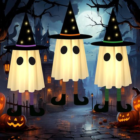 fantasmas colgantes de Halloween con LED, 60 cm, con sombrero, luces brillantes para jardín, terraza, patio y decoración exterior de árboles. (1/5)