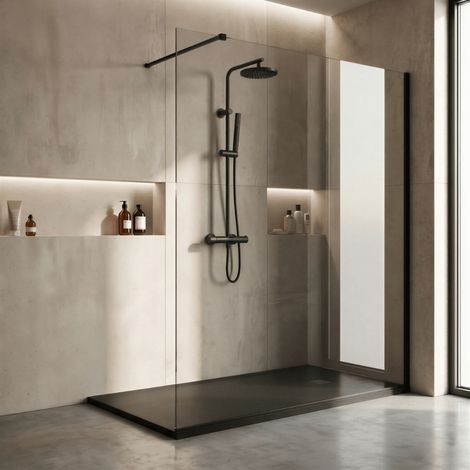 Pack douche italienne : receveur noir 160x90 cm + colonne de douche + paroi fixe