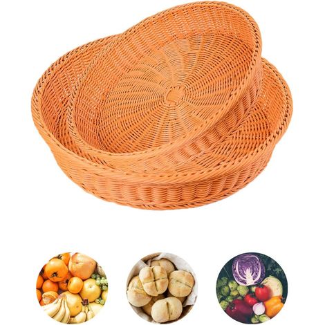 Panier à fruits en rotin synthétique, Qiundar Lot de 2 paniers de rangement en rotin tressé pour fruits et pain, idéal pour la table de cuisine et les cafés (25 x 7 cm, 30 x 7 cm) (1/5)