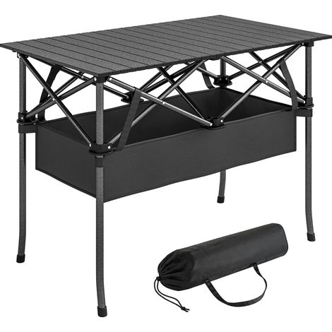 Table de camping pliante avec cadre en métal, filet de rangement et sac de transport, 93 x 55 x 68 cm, noire