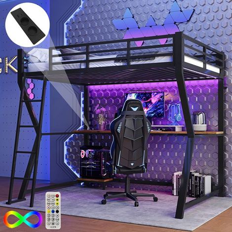 Lit mezzanine - Noir - 90x200 cm - Éclairage LED - Bureau intégré - Escalier sécurisé