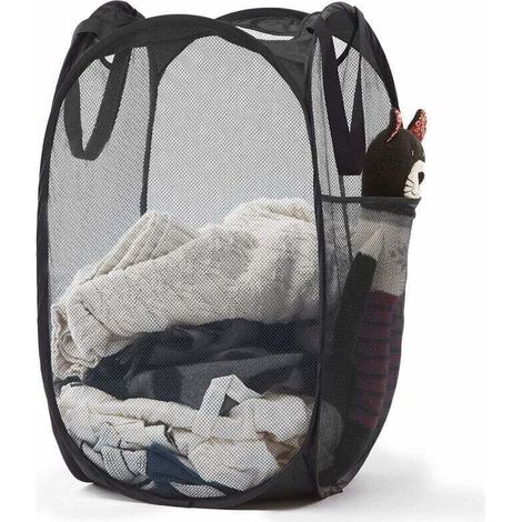 Panier à linge pop-up en maille avec poignées durables – Paniers à vêtements pliables portables pour dortoir, salle de bain et voyage (noir),de (1/4)
