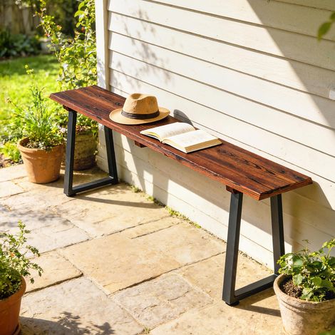 Banc de jardin en bois sans dossier en bois carbonisé pieds trapézoïdaux en acier à effet bois 150x28x48cm 2 places finition de qualité (1/4)