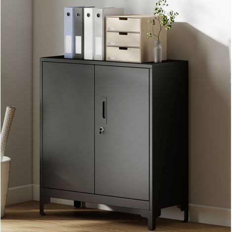 Mobile contenitore in metallo nero, porte con serratura, 2 livelli, 80 x 35 x 91 cm DESVIAE (1/5)