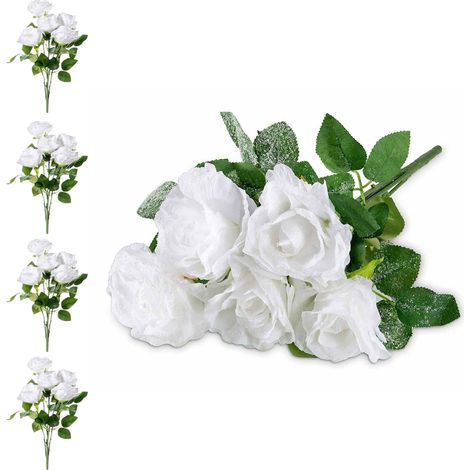 Set 4 Mazzi di Rose Bianche Artificiali Effetto Innevato - Fiori Natalizi (1/2)