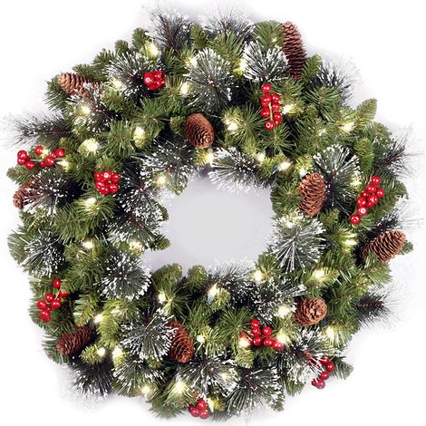 Couronne de Noël artificielle 50 cm lumineuse LED, sapin épicéa décoré de pommes de pin, grappes de baies et branches givrées, idéale pour porte ou mur (1/3)