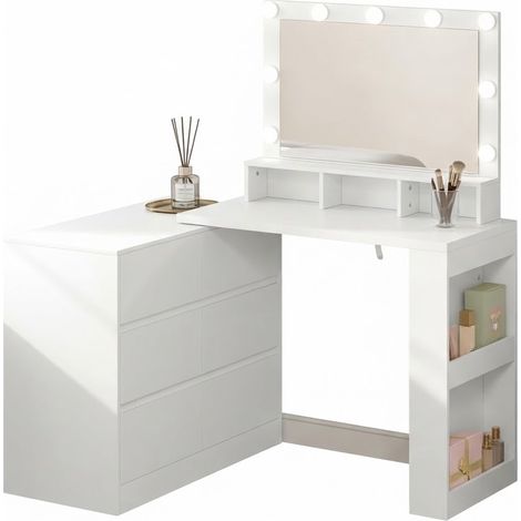 ELVMI Coiffeuse avec 6 Tiroirs, Miroir LED Réglable et 5 Niches, Montage d'Angle, pour Chambre, Blanc (1/5)