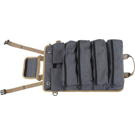 Sac à outils en tissu Oxford, portable et multifonctionnel, avec enrouleur de transport suspendu, idéal pour électricien, plombier et charpentier. Gris. (1/5)