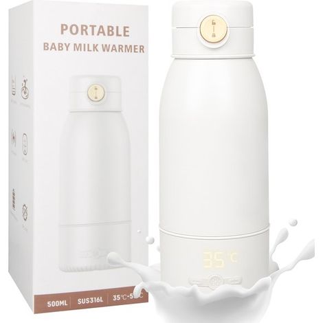 Chauffe-biberon portable – 10 000 mAh – 500 ml – USB-C – Maintien 24h – Verrouillage enfant – Blanc/inox (1/5)
