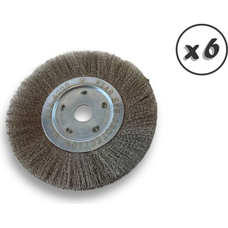 Lot de 6 brosses circulaires INOX Ø 250 mm Epaisseur 1 rang Fil souple 0.20 mm ondulé Alésage 32 mm + réducteur bague 25/22/20/16/12 mm Touret affûteuse ponceuse Kibros 211251IVx6