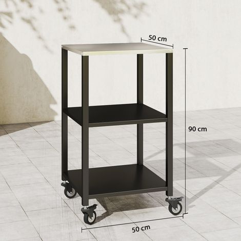 Grillwagen 3-Etagen Grilltisch mit Edelstahl Arbeitsfläche Rollen mobiler Servierwagen 50 x 50 x 90 cm Schwarz