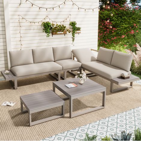 Set di mobili da giardino angolare in acciaio zincato e poliestere kaki, schienale reclinabile a 5 posizioni, 2 tavolini (1/5)