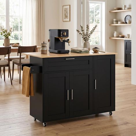 FurnitureR Black Kitchen Island 132.5x44x90cm with Drawer 3 Doors (1/5)
