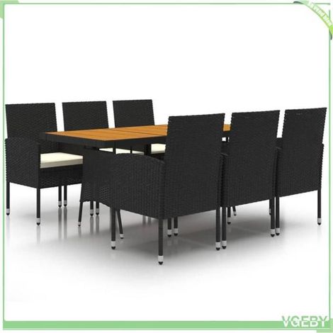 Mobilier à dîner d'extérieur - FAFEICY - 3120108 - Résine tressée imperméable - Plateau acacia massif - Noir, 7 pièces (1/5)