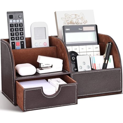 Multifunktionaler Schreibtisch-Organizer, Stiftehalter aus Leder, Büroaufbewahrungsorganizer mit Schublade (L-Braun) (1/5)