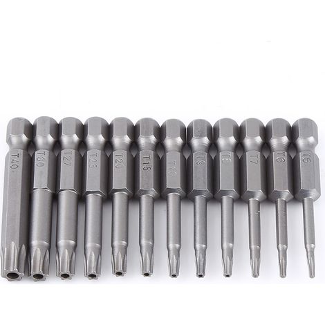 Jeu de 12 embouts de tournevis magnétiques à tête étoile en acier S2, tige de 1/4 pouce, 50 mm, T5-T40