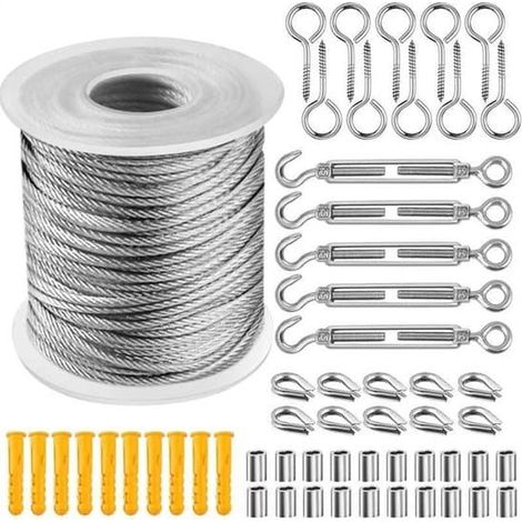 Câble en acier de 30 m x 2 mm avec crochets, œillets à vis et attaches en acier inoxydable pour éclairage extérieur, tentes et cordes à linge (1/5)