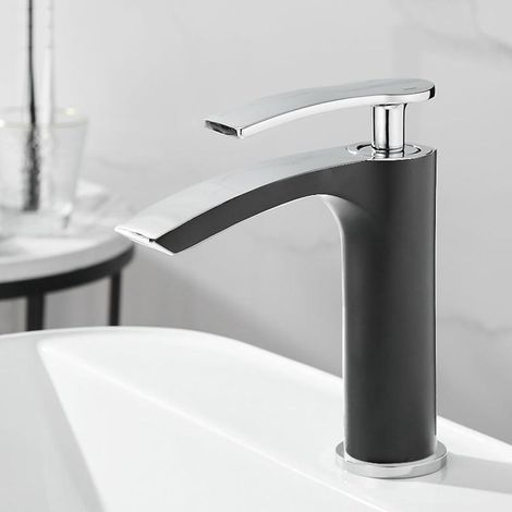 Black/chrome waterfall bathroom faucet, elegant hot/cold basin mixer (1/5)