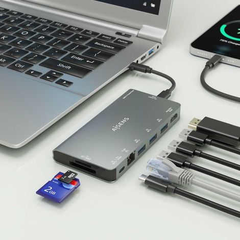 Docking USB Tipo-C Aisens ASUC-8P015-GR/ 1xHDMI/ 3xUSB/ 1xRJ45/ 2xLector Tarjetas / 1xUSB Tipo-C/ Gris (1/2)