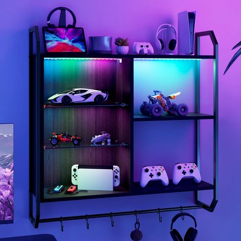 Puluomis Gaming Floating Shelves with LED Lighted, Wall Mounted Rack with Adjustable Glass & Wood Display Shelves, Hanging Rod Bookshelf with 6 Hooks, Gaming Room, Bathroom, Bar, Charcoal Black (1/5)