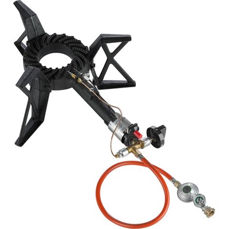 Hockerkocher Piezozündung 3 Bein + Gasschlauch Manometer 6,5KW Gasdruckregler Gasbrenner Gusseisen Stahl Gaskocher Campingkocher (1/5)