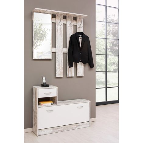 mobile da ingresso con specchio effetto anticato bianco 100x180x25 cm