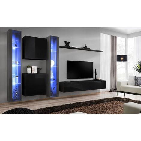 Ensemble mural - Switch XVI - 2 vitrines LED - 2 vitrines carrées - 1 banc TV - 1 étagère - Noir et graphite - Modèle 1 - Livraison gratuite