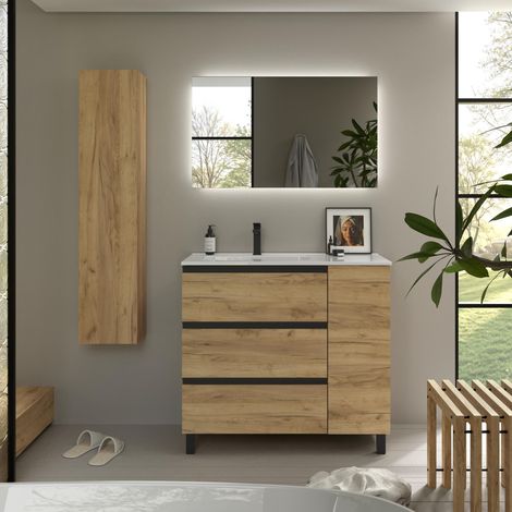 Cygnus Bath – Ensemble de meubles de salle de bain 90cm – Meuble en MDF avec tiroirs à fermeture amortie – Vasque en porcelaine blanche résistante aux rayures (1/5)