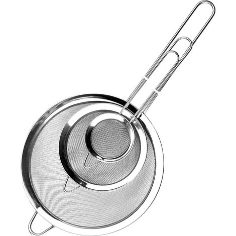 Lot de 3 passoires 19/25/37 cm, passoire de cuisine en acier inoxydable, passoire en métal poli à mailles fines avec poignée renforcée, parfait pour égoutter les nouilles, le quinoa, les légumes, les 