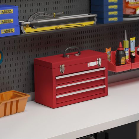 Cassettiera portautensili vuota in acciaio rosso 51 x 22 x 32 cm con 3 cassetti e vano superiore (1/5)