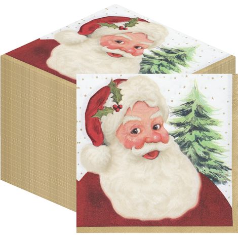 100 x Serviettes de Noël Papier Père Noël Traditionnel Jetables Xmas Serviettes Festives Family Friendly Décorations de Table Rouge et Blanc Vintage Cosy Nostalgic Vibe 2ply 33cm (1/4)