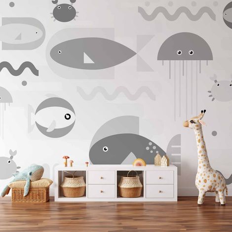 Fototapete – Minimalistisches graues Meer – geometrische Fische im Wasser für Kinder (1/5)