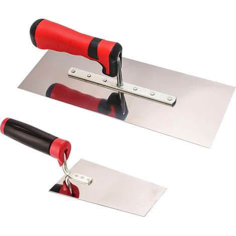 Lot de 2 truelles de maçon en acier inoxydable avec manche en caoutchouc, outil de stucage pour masses de plâtre, béton (1/5)