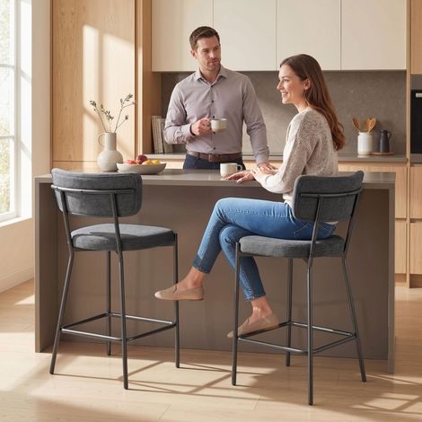 Tabouret de bar en polyester gris, lot de 2, dossier courbé et repose-pieds,53×49×93cm (1/5)