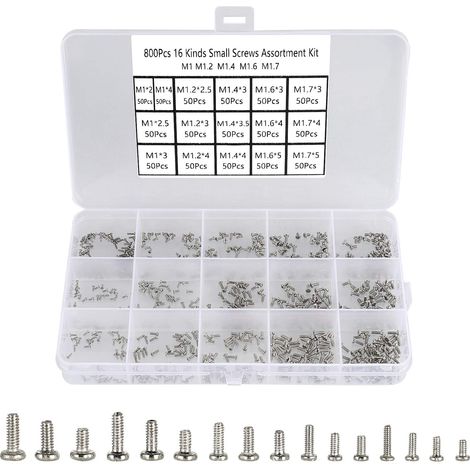 800 Pièces Petites Vis Cruciformes à Tête Cylindrique,Mini Vis à Métaux 16 Types M1 M1,2 M1,4 M1,6 Nickel - Micro Vis de Réparation électronique, pour Téléphones Lunettes Montre. (1/5)
