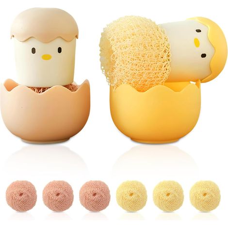 Lot de 2 brosses à vaisselle, style poulet de dessin animé, brosse de nettoyage et 2 boules de vaisselle remplaçables, brosse à champignon, vert et jaune (1/5)