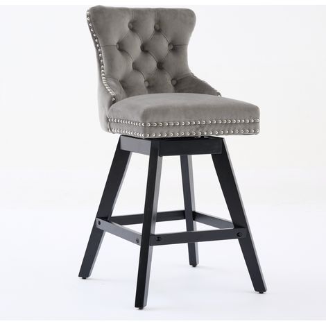 Tabouret de Bar Pivotant en Velours avec Capitonnage à Boutons, Pieds en Bois et Clous Décoratifs Chromés, Chaise Haute de Style Lounge, Lot de 2 (Gris), DE1860GY (1/5)