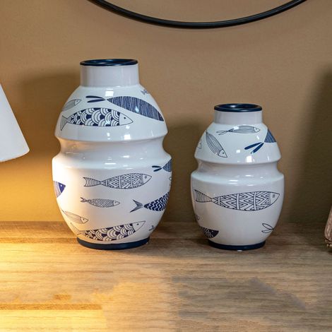 Vaso, Desenhos de Peixes, Cor Estrutura Azul, Diâmetro 6 cm, Branco - Aurel