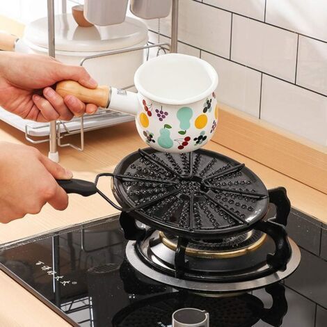 Plaque de cuisson à gaz CCYKXA en émail noir avec poignée en boucle, diffuseur de chaleur à rainures rondes et dessous de plat en fonte pour cafetières expresso et petites casseroles. (1/4)