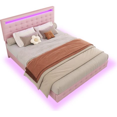 Letto matrimoniale 140x200 cm fluttuante con LED regolabile via app, testiera a 3 altezze, cuoio rigenerato rosa e struttura MDF, moderno per camera da letto  CHICFURN (1/5)