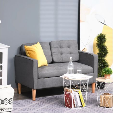 Canapé droit scandinave 2 places en tissu polyester – 4 Pieds en bois – compact canapé relax avec rangement – Dimensions 117 x 62 x 78 cm–gris (1/5)
