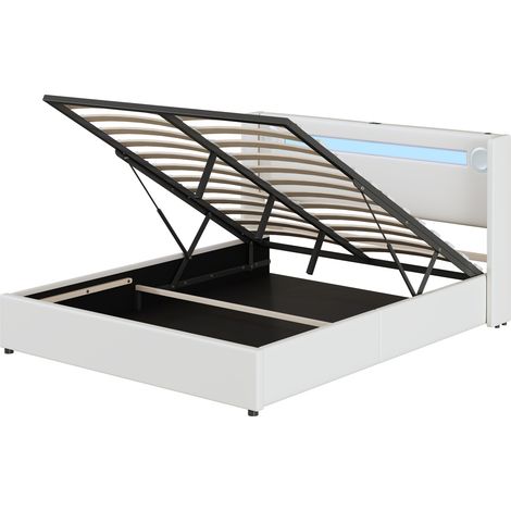 Lit coffre 160x200 cm capitonné en PU blanc avec LED, Bluetooth, ports USB et sommier à lattes (1/5)