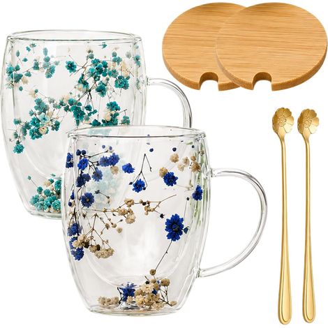Lot de 2 tasses à café à double paroi avec fleur séchée, 350 ml, verres à double paroi avec anse, fleurs séchées, tasses à café avec fleurs séchées pour thé (1/5)