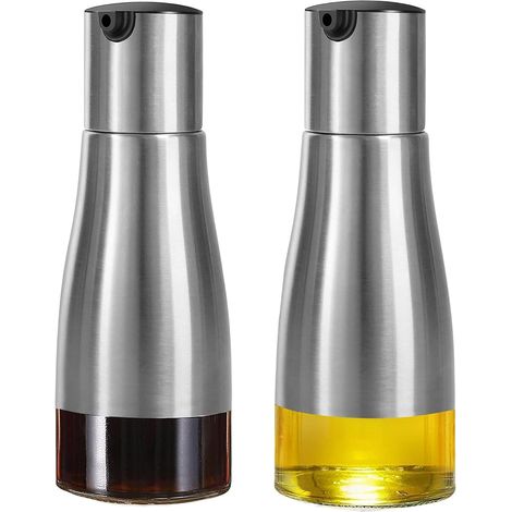 Set of 2 silver oil bottles, olive oil and vinegar dispenser, olive oil, vinegar and oil bottles with stainless steel glass bottom, dispenser (1/5)