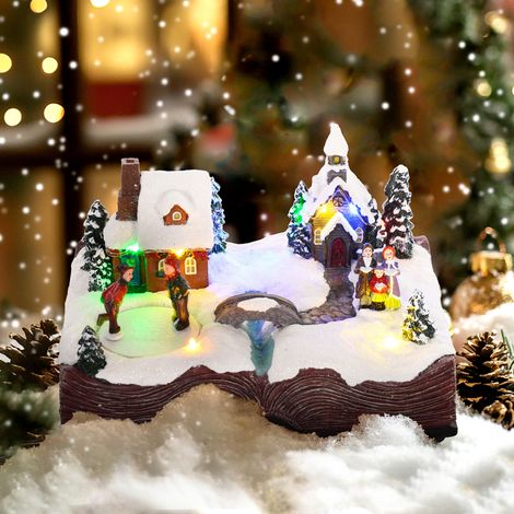 Pueblo Navideño Escena Navideña con Luces y Música Patinadores Giratorios Decoración de Navidad 23x18x15 cm Multicolor (1/5)