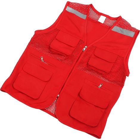 Gilet de sécurité haute visibilité rouge XL en coton multi poches bande réfléchissante personnalisable confortable pour journaliste publicité 1 pièce (1/5)