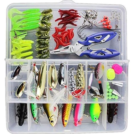 120 pièces de leurres de pêche mélangés : cuillères, VIB, hameçons triples, hameçons simples, émerillons, pinces et boîte de rangement